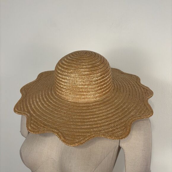 VTG Betmar Womens Beige Tan Straw Wide Sun Hat Scalloped Edge Made in Italy - Picture 1 of 9